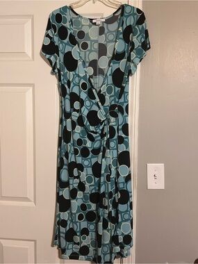 dressbarn Teal and Black Geometric Wrap Midi Dress